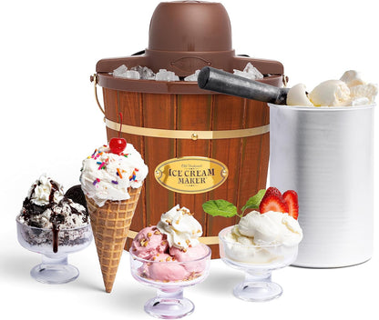 Nostalgia Electric Ice Cream Maker - Old Fashioned Soft Serve Ice Cream Machine Makes Frozen Yogurt or Gelato in Minutes - Fun Kitchen Appliance - Vintage Wooden Style - Light Wood - 4 Quart
