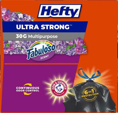 Hefty Ultra Strong 30 Gallon Trash Bags, Black Large Trash Bags 30 Gallon Size, Multipurpose, Break Resistant Drawstring Closure, Resists Leaks, Punctures, and Tears, Black, Fabuloso Scent, 50 Bags