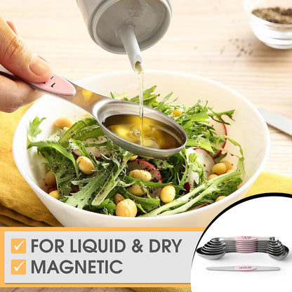 Spring Chef Magnetic Measuring Spoons Set with Strong N45 Magnets, Heavy Duty Stainless Steel Metal, Fits in Most Kitchen Spice Jars for Baking & Cooking, BPA Free, Black, Set of 8 with Leveler