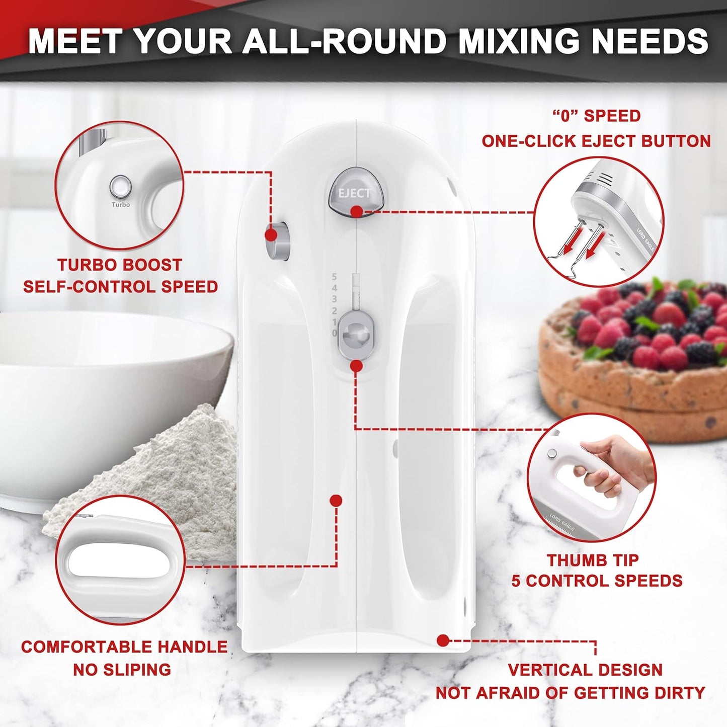 Lord Eagle Hand Mixer Electric, 400W Power handheld Mixer for Baking Cake Egg Cream Food Beater, Turbo Boost/Self-Control Speed + 5 Speed + Eject Button + 5 Stainless Steel Accessories (White)