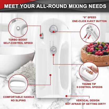 Lord Eagle Hand Mixer Electric, 400W Power handheld Mixer for Baking Cake Egg Cream Food Beater, Turbo Boost/Self-Control Speed + 5 Speed + Eject Button + 5 Stainless Steel Accessories (White)