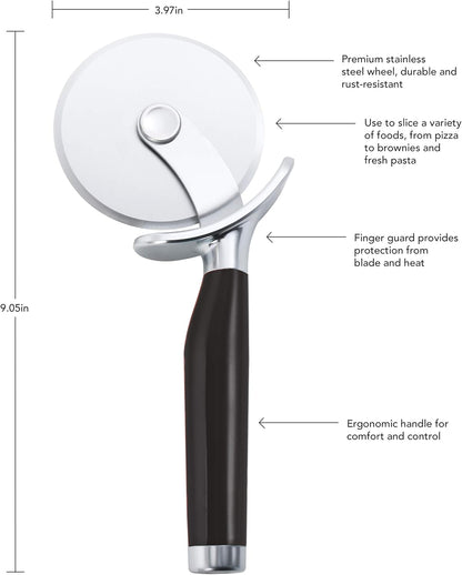 KitchenAid Classic Pizza Wheel with Sharp Blade For Cutting Through Crusts, Pies and More, Built In Finger Guard for Safety and Comfort Grip to Protect Fingers, Dishwasher Safe, 9-Inch, Black