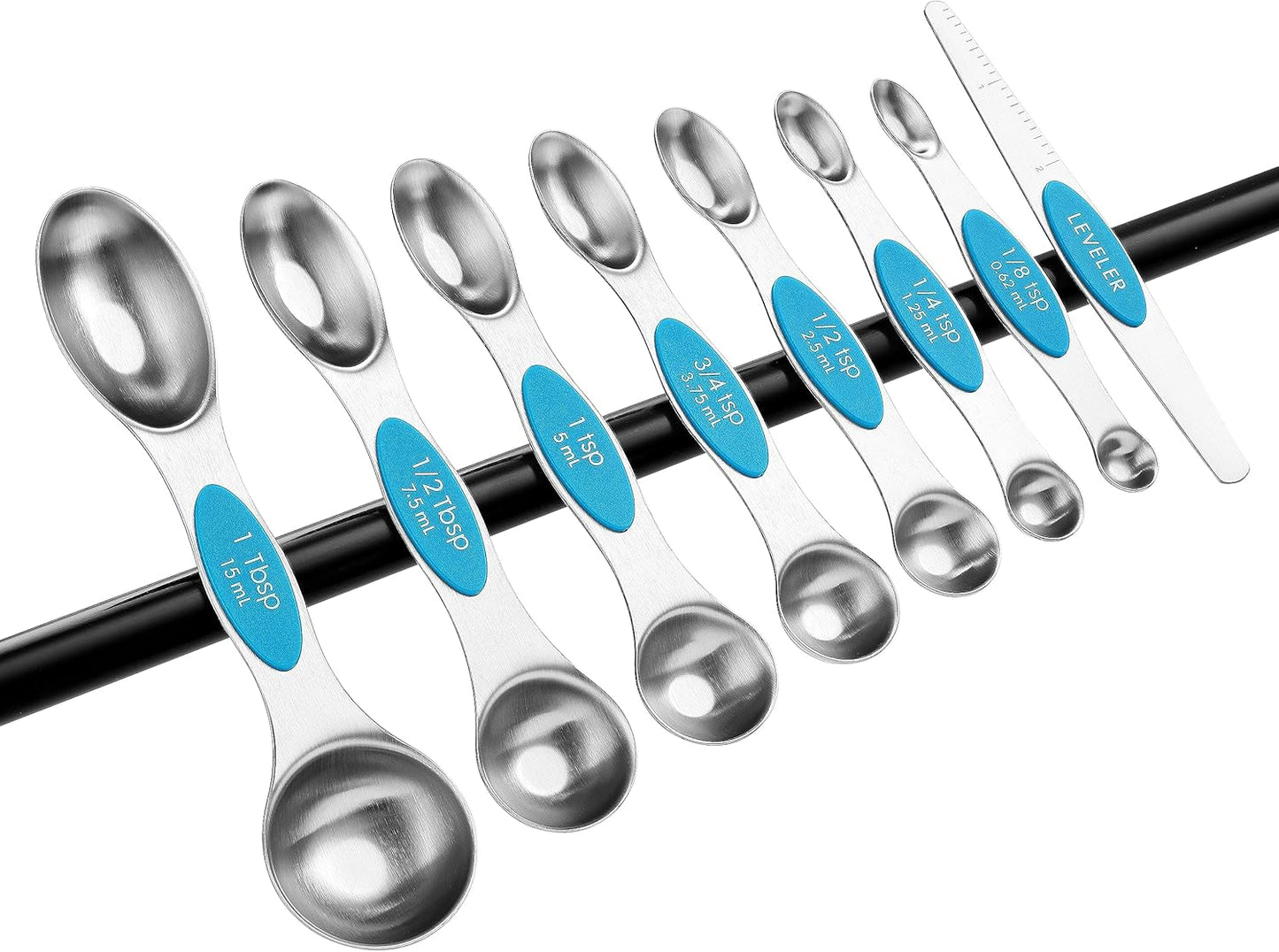 Spring Chef Magnetic Measuring Spoons Set with Strong N45 Magnets, Heavy Duty Stainless Steel Metal, Fits in Most Kitchen Spice Jars for Baking & Cooking, BPA Free, Black, Set of 8 with Leveler