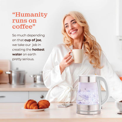 Speed-Boil Electric Kettle For Coffee & Tea - 1.7L Water Boiler 1500W, Borosilicate Glass, Easy Clean Wide Opening, Auto Shut-Off, Cool Touch Handle, LED Light. 360° Rotation, Boil Dry Protection