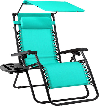 Folding Zero Gravity Outdoor Recliner Patio Lounge Chair w/Adjustable Canopy Shade, Headrest, Side Accessory Tray, Textilene Mesh - Beige