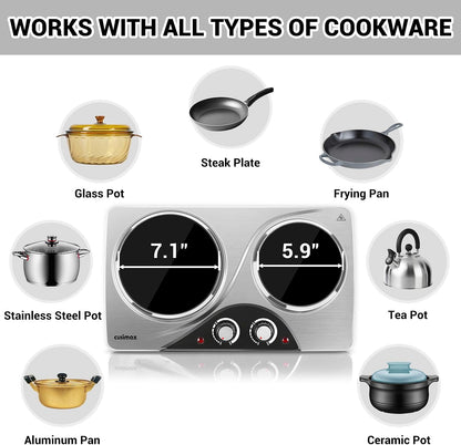 CUSIMAX Electric Hot Plate for Cooking Portable Single Burner 1500W Cast Iron hot plates Heat-up in Seconds Adjustable Temperature Control Stainless Steel Non-Slip Rubber Feet Upgraded Version B101