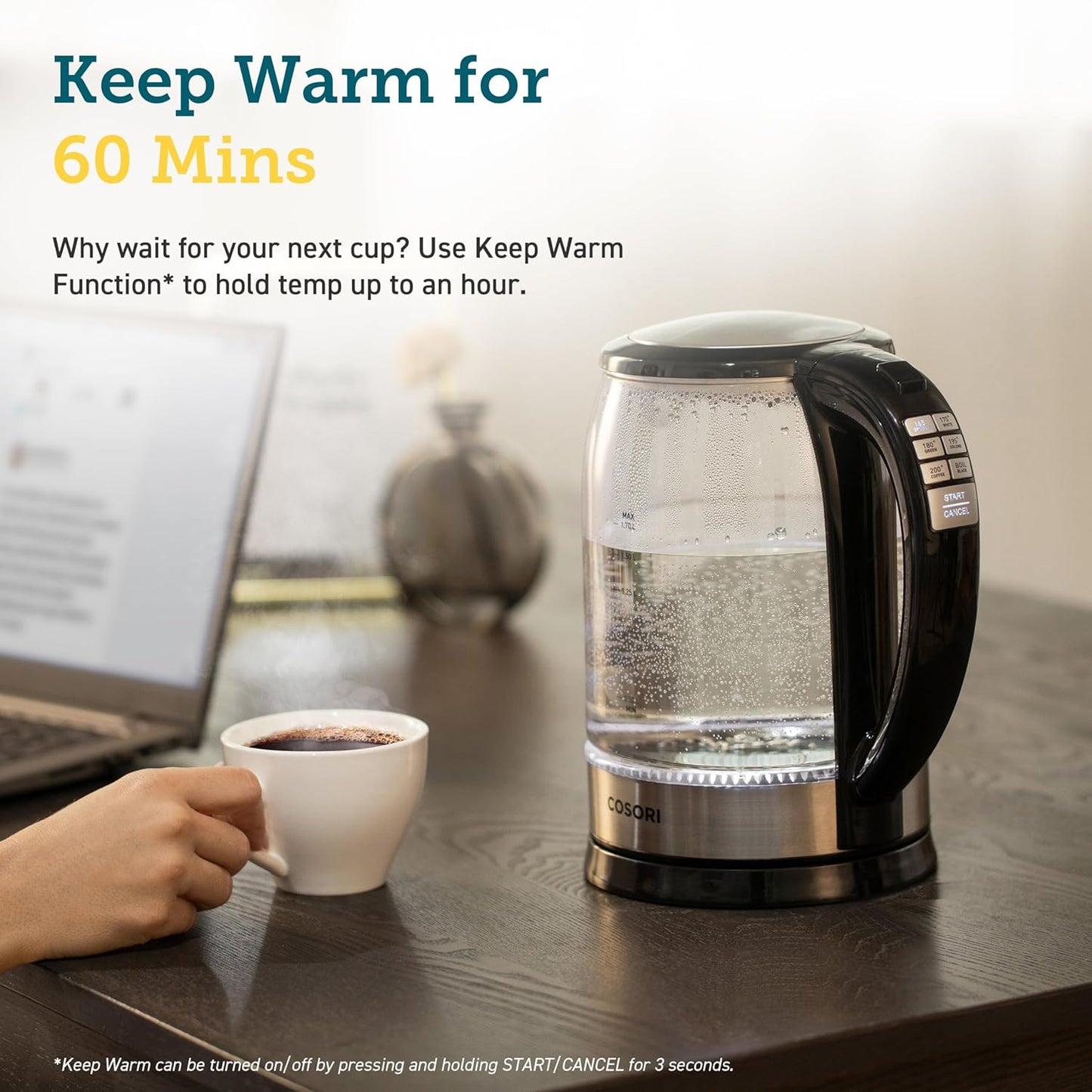 COSORI Electric Kettle, No Plastic Contact with Water, 1.7L/1500W, Stainless Steel Inner Lid & Filter, Tea Kettle For Coffee & Tea, Hot Water Kettle Teapot Boiler & Heater, Automatic Shut Off, Black