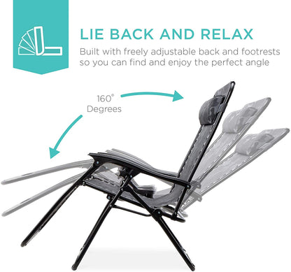 Set of 2 Adjustable Steel Mesh Zero Gravity Lounge Chair Recliners w/Pillows and Cup Holder Trays