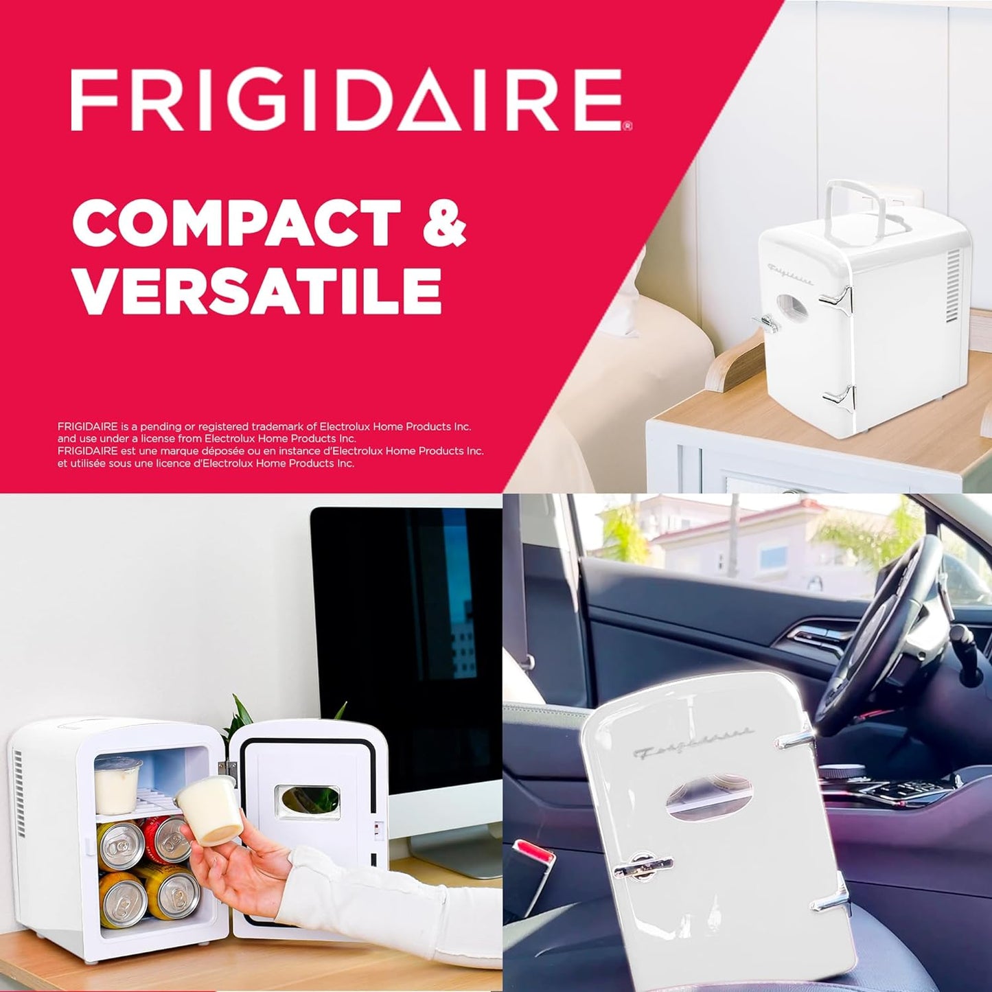 Frigidaire Retro Mini Fridge Cooler, 4L Capacity Chills 6 12oz Cans, 100% Freon-Free & Eco Friendly, Portable Fridge for Car, Office, Bedroom, Dorm Room, or Cabin - 9.84"D x 7.09"W x 10.35"H (Pink)