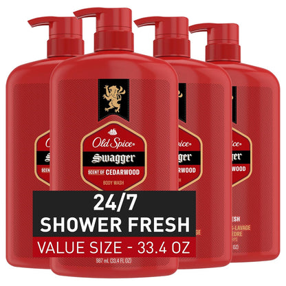 Old Spice Body Wash for Men, 24/7 Shower Fresh with Lasting Scent, Red Collection, Swagger with Cedarwood Scent, 24 fl oz (Pack of 2)