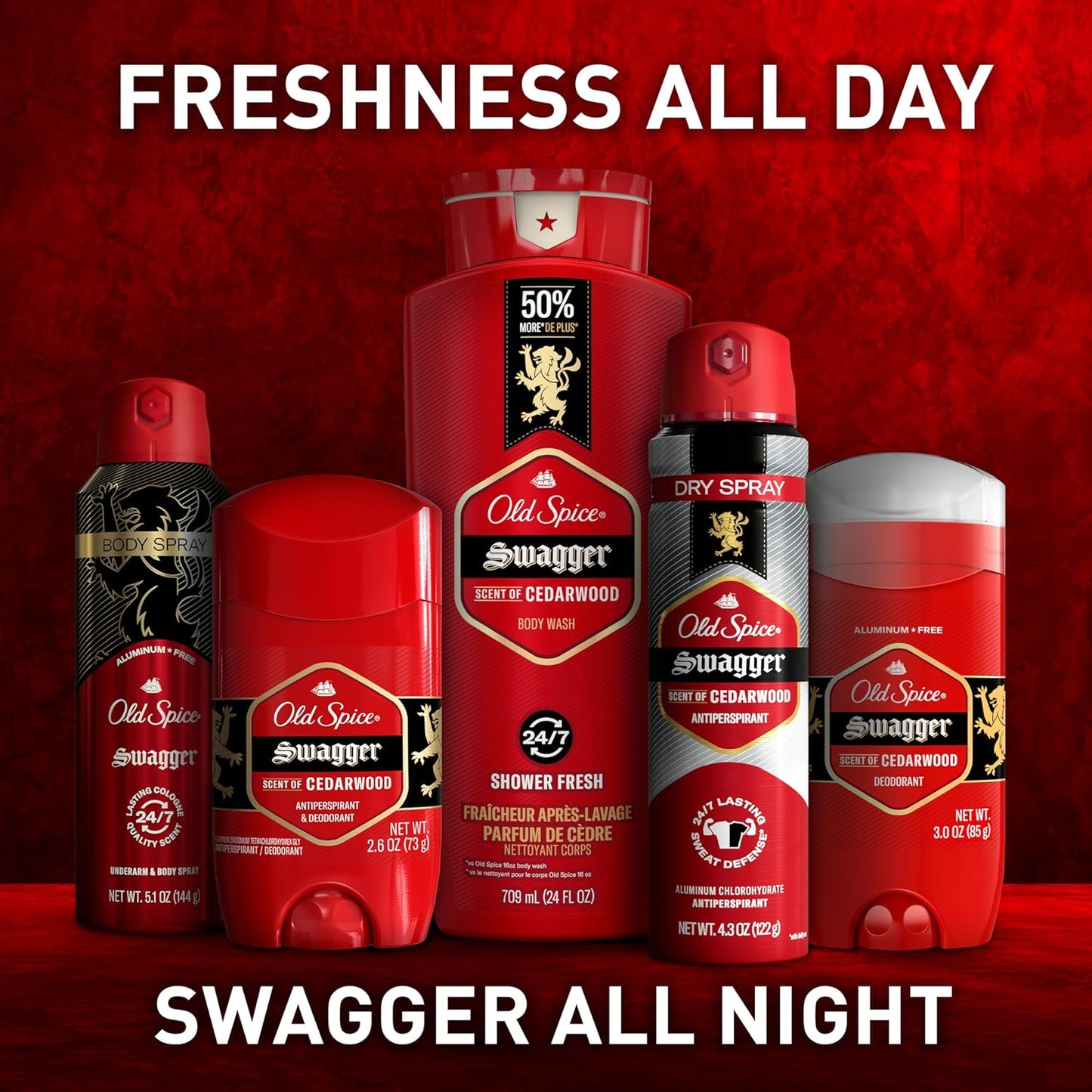 Old Spice Body Wash for Men, 24/7 Shower Fresh with Lasting Scent, Red Collection, Swagger with Cedarwood Scent, 24 fl oz (Pack of 2)