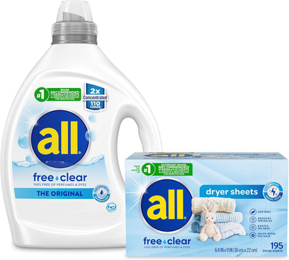 all Liquid Laundry Detergent, Free Clear for Sensitive Skin, Unscented and Hypoallergenic, 2X Concentrated, 110 Loads