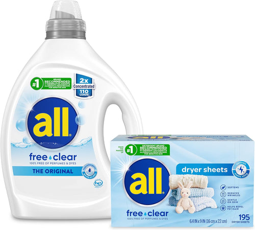 all Liquid Laundry Detergent, Free Clear for Sensitive Skin, Unscented and Hypoallergenic, 2X Concentrated, 110 Loads