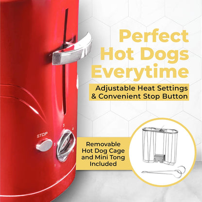 Nostalgia 2 Slot Hot Dog and Bun Toaster with Mini Tongs, Retro Toaster, Cooker that Works Chicken, Turkey, Veggie Links, Sausages Brats, Metallic Red