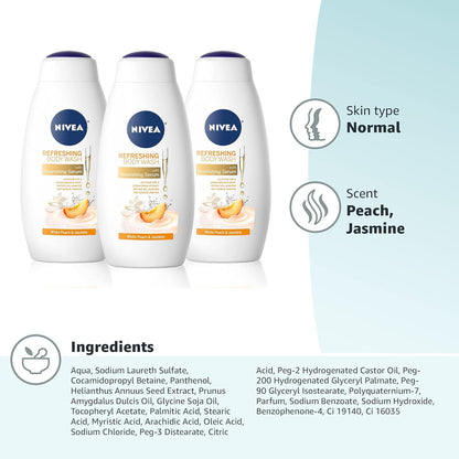 NIVEA Refreshing White Peach and Jasmine Body Wash, Scented Body Wash with Nourishing Serum, Plant-Derived Oils, Essential Skin Lipids and Vitamins, 20 Fl Oz Bottle