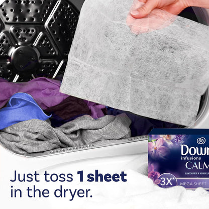 Downy Infusions Mega Dryer Sheets, Laundry Fabric Softener, CALM, Lavender and Vanilla Bean, 180 Count (3 box of 60 sheets)