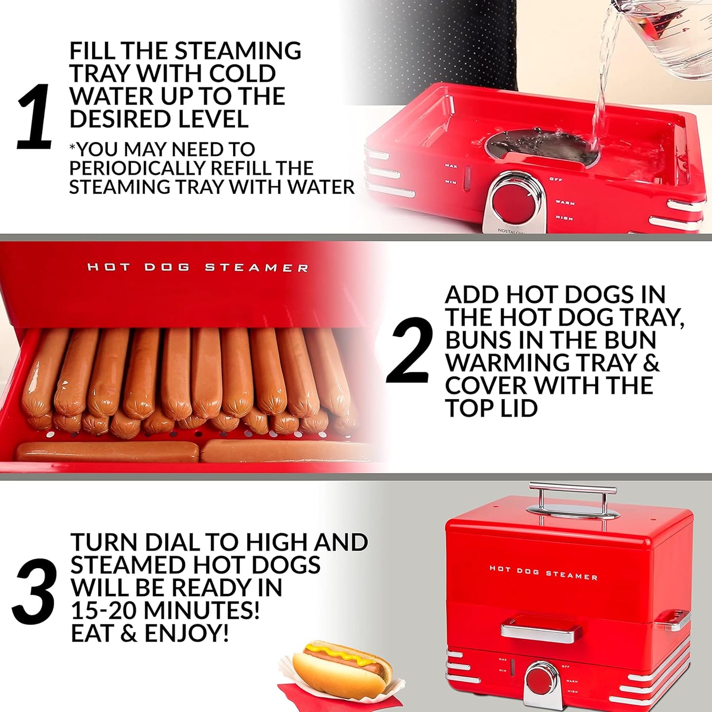 Nostalgia Extra Large Diner-Style Coca-Cola Hot Dog Steamer and Bun Warmer, 24 Hot Dog and 12 Bun Capacity, Steam Bratwursts, Sausages, Vegetables, Fish, Dumplings, Red