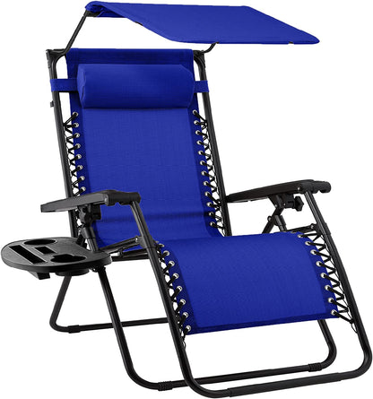 Folding Zero Gravity Outdoor Recliner Patio Lounge Chair w/Adjustable Canopy Shade, Headrest, Side Accessory Tray, Textilene Mesh - Beige