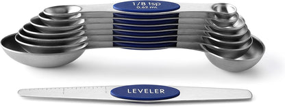 Spring Chef Magnetic Measuring Spoons Set with Strong N45 Magnets, Heavy Duty Stainless Steel Metal, Fits in Most Kitchen Spice Jars for Baking & Cooking, BPA Free, Black, Set of 8 with Leveler