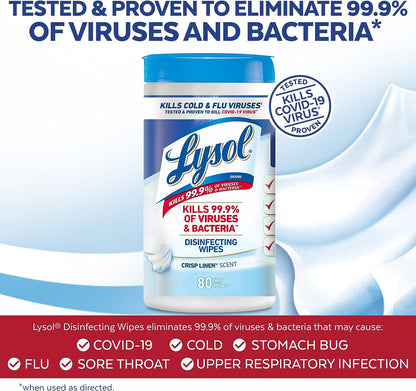 Lysol Disinfectant Wipes Bundle, Multi-Surface Antibacterial Cleaning Wipes, For Disinfecting & Cleaning, contains x2 Lemon & Lim Blossom (80ct) x1 Crisp Linen (80 Ct) & x1 Mango & Hibiscus (80 Ct)