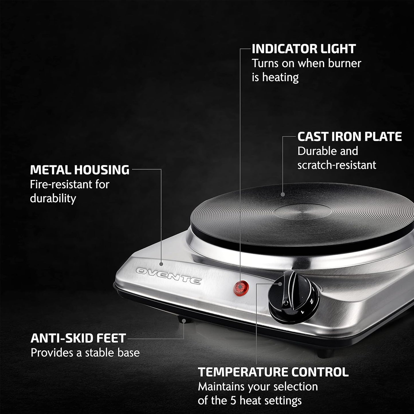 OVENTE Electric Countertop Double Burner, 1700W Cooktop with 7.25" and 6.10" Cast Iron Hot Plates, Temperature Control, Portable Cooking Stove and Easy to Clean Stainless Steel Base, Black BGS102B