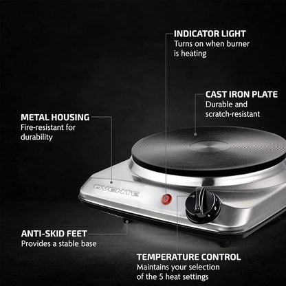 OVENTE Electric Countertop Double Burner, 1700W Cooktop with 7.25" and 6.10" Cast Iron Hot Plates, Temperature Control, Portable Cooking Stove and Easy to Clean Stainless Steel Base, Black BGS102B