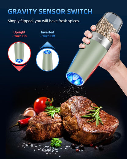 Sweet Alice Gravity Electric Pepper and Salt Grinder Set, Adjustable Coarseness, Battery Powered with LED Light, One Hand Automatic Operation, Stainless Steel Black, 2 Pack