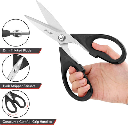 iBayam Kitchen Scissors All Purpose Heavy Duty Meat Poultry Shears, Dishwasher Safe Food Cooking Scissors Stainless Steel Utility Scissors, 2-Pack (Black Red, Black Gray)