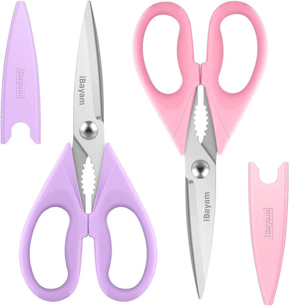 iBayam Kitchen Scissors All Purpose Heavy Duty Meat Poultry Shears, Dishwasher Safe Food Cooking Scissors Stainless Steel Utility Scissors, 2-Pack (Black Red, Black Gray)