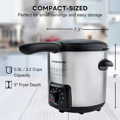OVENTE Electric Deep Fryer 2 Liter Capacity, 1500 Watt Lid with Viewing Window and Odor Filter, Adjustable Temperature, Removable Frying Basket and Easy to Clean Stainless Steel Body, Silver FDM2201BR