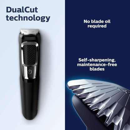 Norelco Philips Multi Groomer All-in-One Trimmer Series 3000-13 Piece Mens Grooming Kit for Beard, Face, Nose, Ear Hair Trimmer and Hair Clipper - NO Blade Oil Needed, MG3740/40