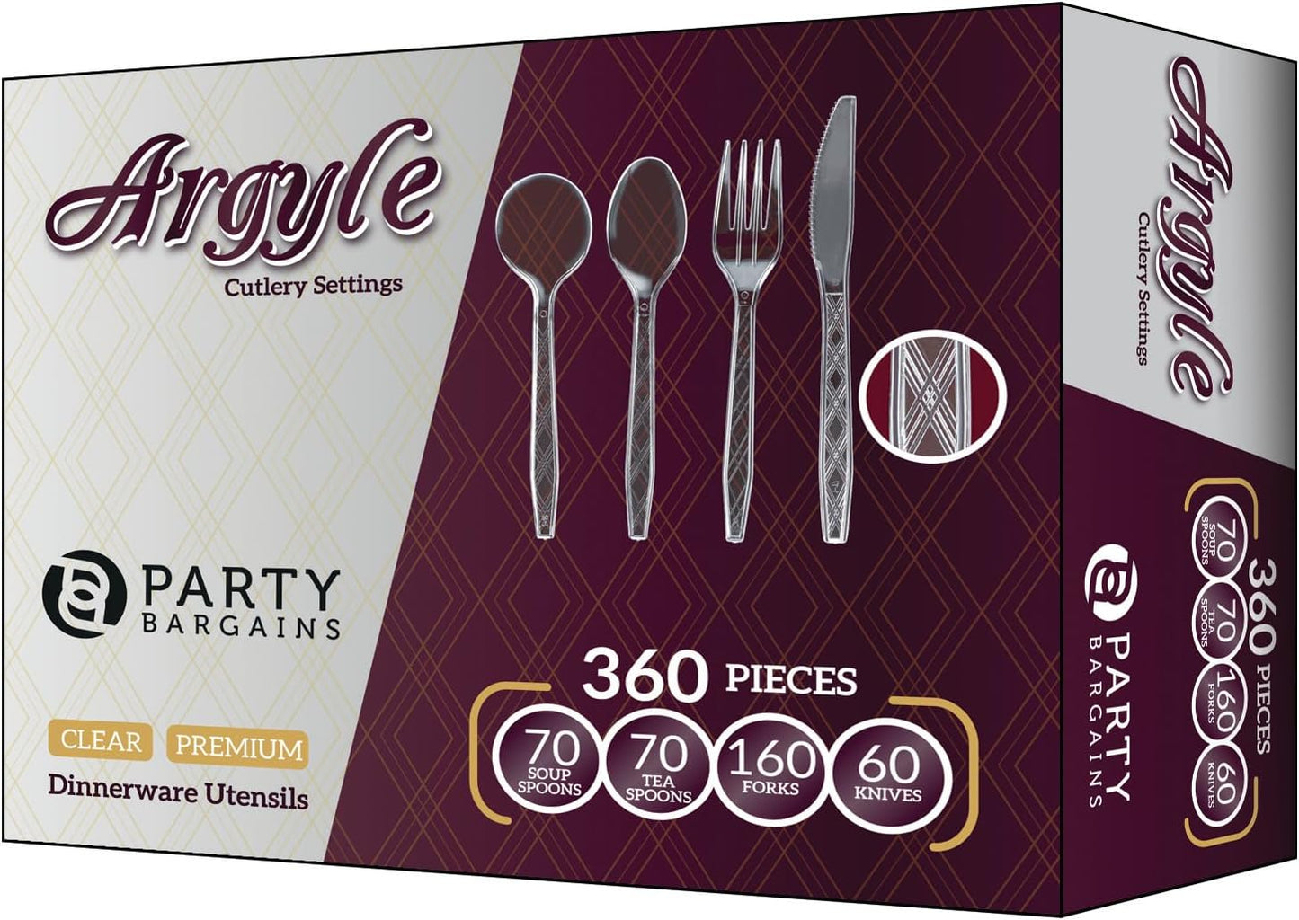 Party Bargains Disposable Cutlery set, SAPPHIRE Design, Clear Color, 360 Pieces: 180 Forks, 120 Spoons, 60 Knives