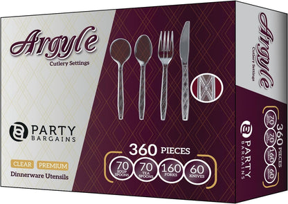 Party Bargains Disposable Cutlery set, SAPPHIRE Design, Clear Color, 360 Pieces: 180 Forks, 120 Spoons, 60 Knives