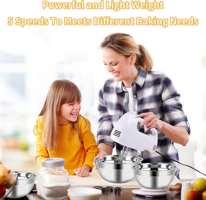 Hand Mixer Electric Mixing Bowls Set, 5 Speeds Handheld Mixer with 4 Nesting Stainless Steel Mixing Bowl, Measuring Cups Spoons 200W Kitchen Blender Whisk Beater Baking Supplies For Beginner