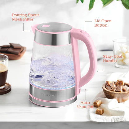 Speed-Boil Electric Kettle For Coffee & Tea - 1.7L Water Boiler 1500W, Borosilicate Glass, Easy Clean Wide Opening, Auto Shut-Off, Cool Touch Handle, LED Light. 360° Rotation, Boil Dry Protection