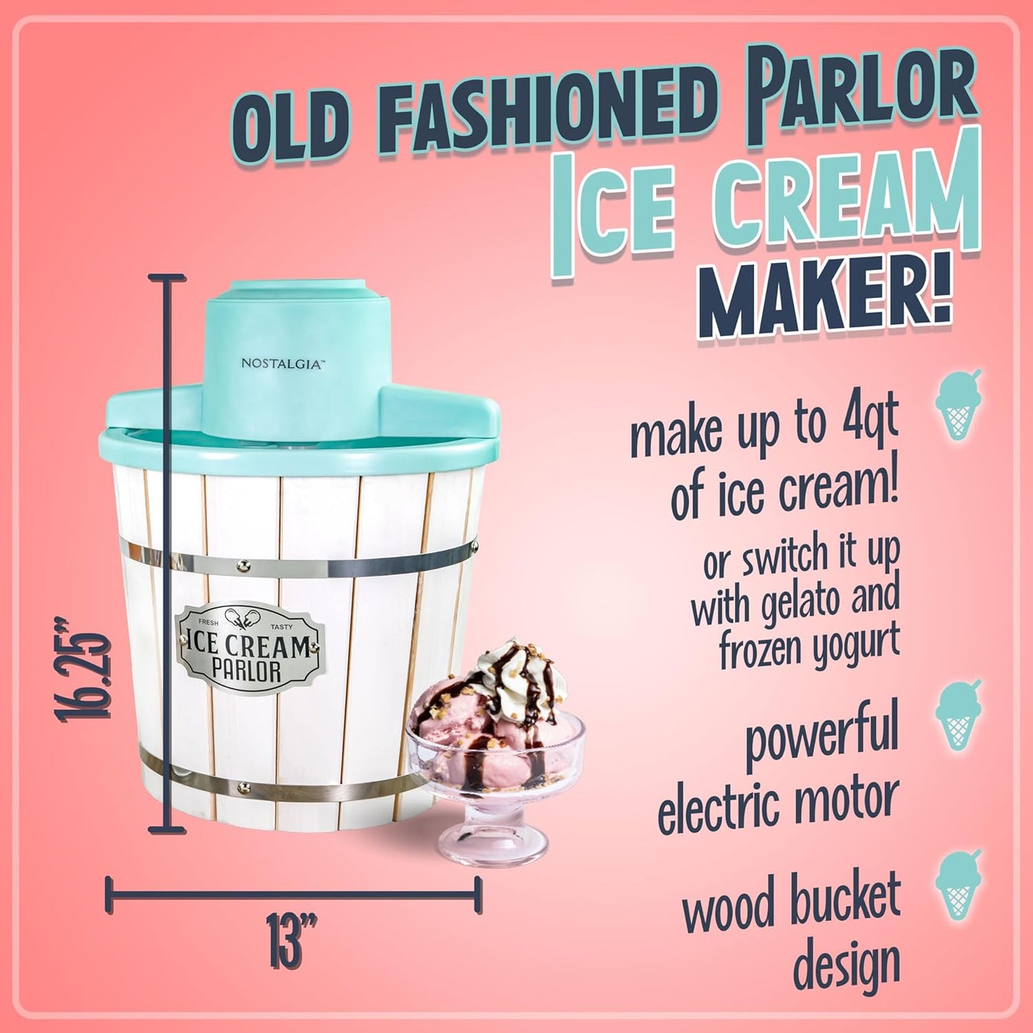 Nostalgia Electric Ice Cream Maker - Old Fashioned Soft Serve Ice Cream Machine Makes Frozen Yogurt or Gelato in Minutes - Fun Kitchen Appliance - Vintage Wooden Style - Light Wood - 4 Quart