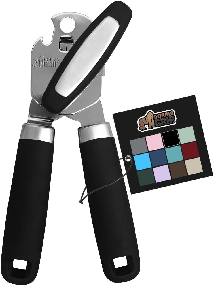 The Original Gorilla Grip Heavy Duty Stainless Steel Smooth Edge Manual Can Opener and Bottle Openers, Soft Handle, Rust Proof Oversized Handheld Easy Turn Knob, Multifunctional Kitchen Tool, Black