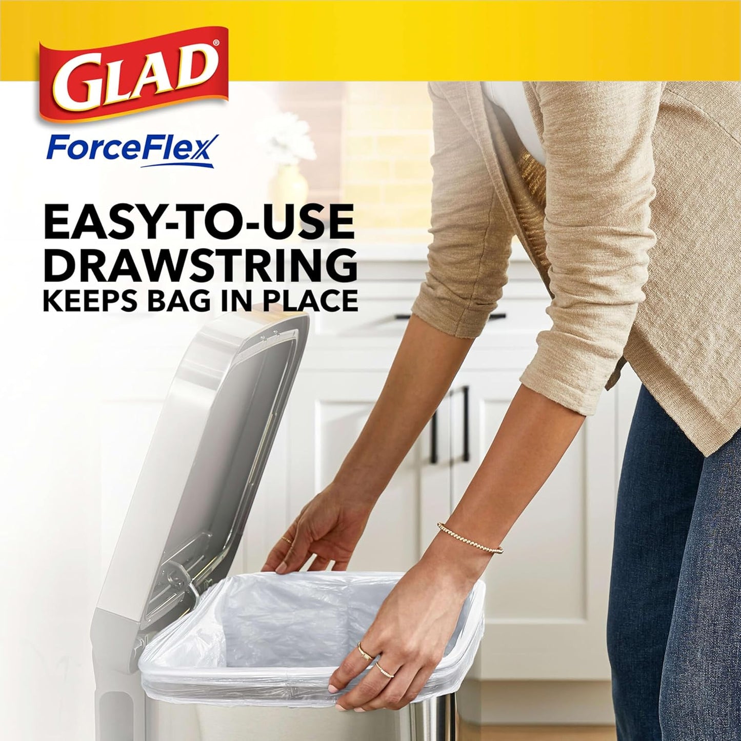 Glad Trash Bags, ForceFlex Tall Kitchen Drawstring Garbage Bags 13 Gallon White Trash Bag, Gain Moonlight Breeze scent with Febreze Freshness 100 Count (Package May Vary)