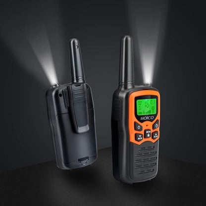 Walkie Talkies, MOICO Long Range Walkie Talkies for Adults with 22 FRS Channels, Family Walkie Talkie with LED Flashlight VOX LCD Display for Hiking Camping Trip (Orange 2 Pack)