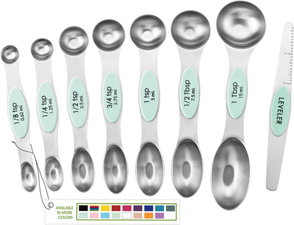 Spring Chef Magnetic Measuring Spoons Set with Strong N45 Magnets, Heavy Duty Stainless Steel Metal, Fits in Most Kitchen Spice Jars for Baking & Cooking, BPA Free, Black, Set of 8 with Leveler
