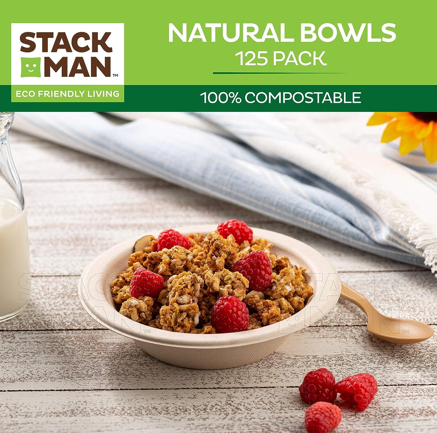 Paper Plates, 100% Compostable Heavy Duty Disposable Plate - [125-Pack] - {PFAS-Free} - {BPI Certified} - [9 Inch] Eco-Friendly, Biodegradable Bagasse Natural Brown 9" Dinner Plates - By Stack Man