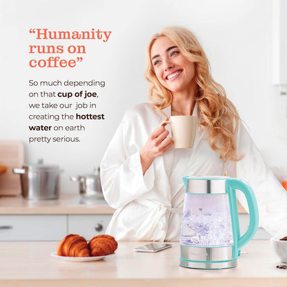 Speed-Boil Electric Kettle For Coffee & Tea - 1.7L Water Boiler 1500W, Borosilicate Glass, Easy Clean Wide Opening, Auto Shut-Off, Cool Touch Handle, LED Light. 360° Rotation, Boil Dry Protection