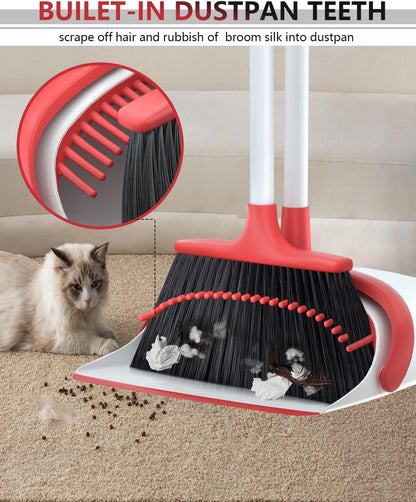 Broom with Dustpan Combo Set, Upgrade Broom and Dustpan Set for Home, 52'' Long Handle Broom and Dustpan Set, Standing Dustpan and Broom for Kitchen Office Lobby Floor