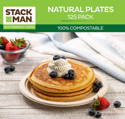 Paper Plates, 100% Compostable Heavy Duty Disposable Plate - [125-Pack] - {PFAS-Free} - {BPI Certified} - [9 Inch] Eco-Friendly, Biodegradable Bagasse Natural Brown 9" Dinner Plates - By Stack Man