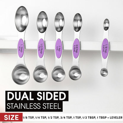 Spring Chef Magnetic Measuring Spoons Set with Strong N45 Magnets, Heavy Duty Stainless Steel Metal, Fits in Most Kitchen Spice Jars for Baking & Cooking, BPA Free, Black, Set of 8 with Leveler