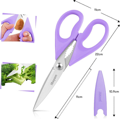 iBayam Kitchen Scissors All Purpose Heavy Duty Meat Poultry Shears, Dishwasher Safe Food Cooking Scissors Stainless Steel Utility Scissors, 2-Pack (Black Red, Black Gray)