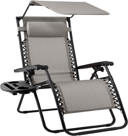 Folding Zero Gravity Outdoor Recliner Patio Lounge Chair w/Adjustable Canopy Shade, Headrest, Side Accessory Tray, Textilene Mesh - Beige
