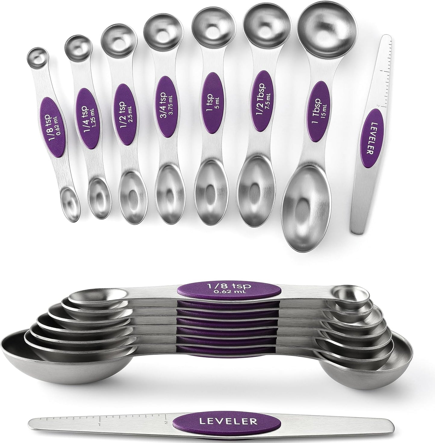 Spring Chef Magnetic Measuring Spoons Set with Strong N45 Magnets, Heavy Duty Stainless Steel Metal, Fits in Most Kitchen Spice Jars for Baking & Cooking, BPA Free, Black, Set of 8 with Leveler