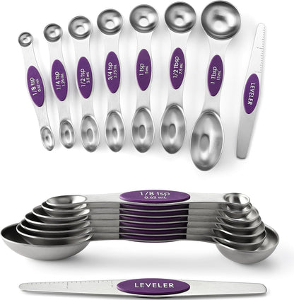 Spring Chef Magnetic Measuring Spoons Set with Strong N45 Magnets, Heavy Duty Stainless Steel Metal, Fits in Most Kitchen Spice Jars for Baking & Cooking, BPA Free, Black, Set of 8 with Leveler