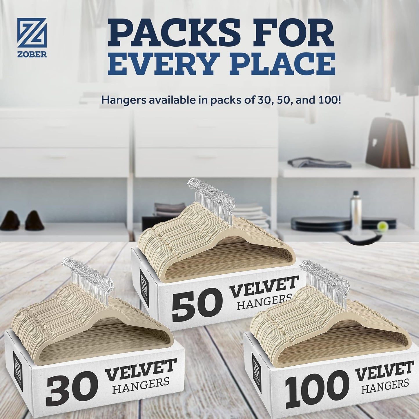 Zober Velvet Hangers 50 Pack - Heavy Duty Black Hangers for Coats, Pants & Dress Clothes - Non Slip Clothes Hanger Set - Space Saving Felt Hangers for Clothing
